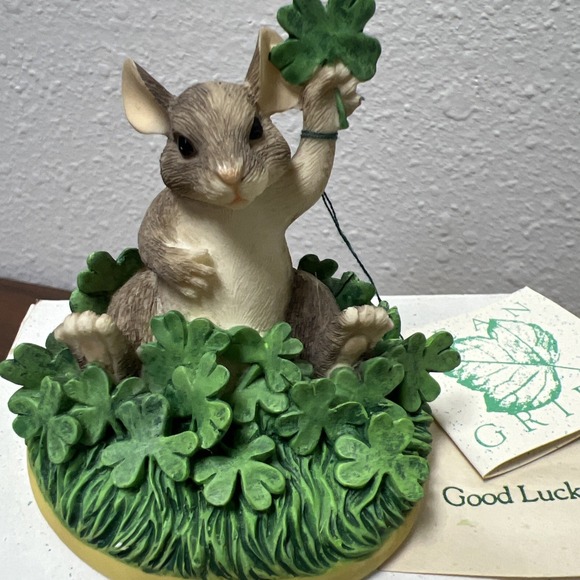 Charming Tails Fitz & Floyd "Good Luck" Mouse 4 Leaf Clover Shamrocks Figurine - Picture 1 of 14
